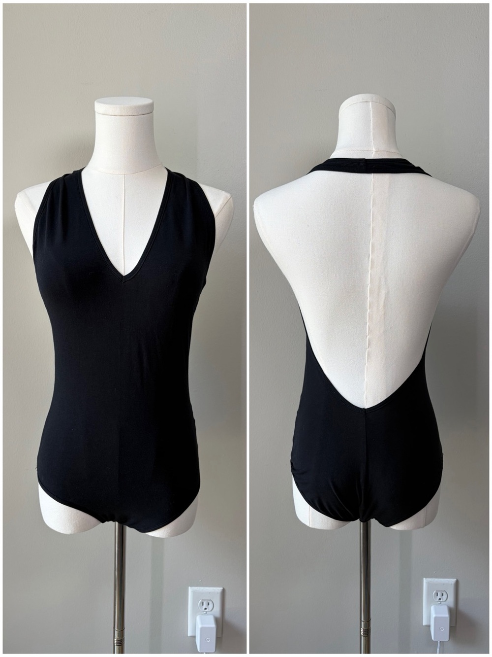 American Apparel Black Halter Neck Deep V Open Back Bodysuit